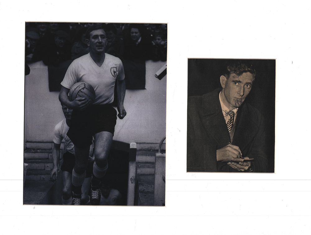 Lot 448: Danny Blanchflower signed black and white newspaper photo....