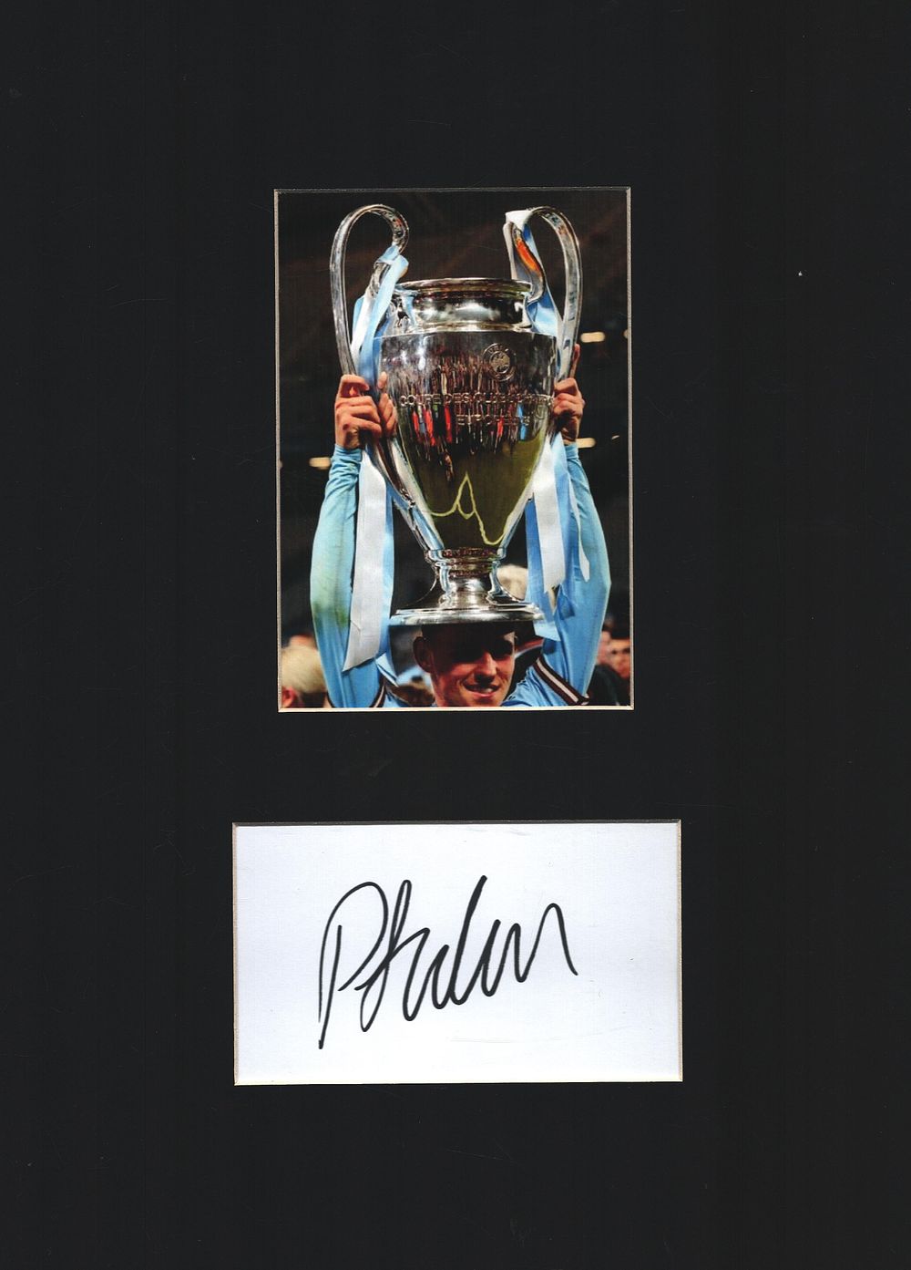 Lot 449: Phil Foden signed white card. Mounted below colour...