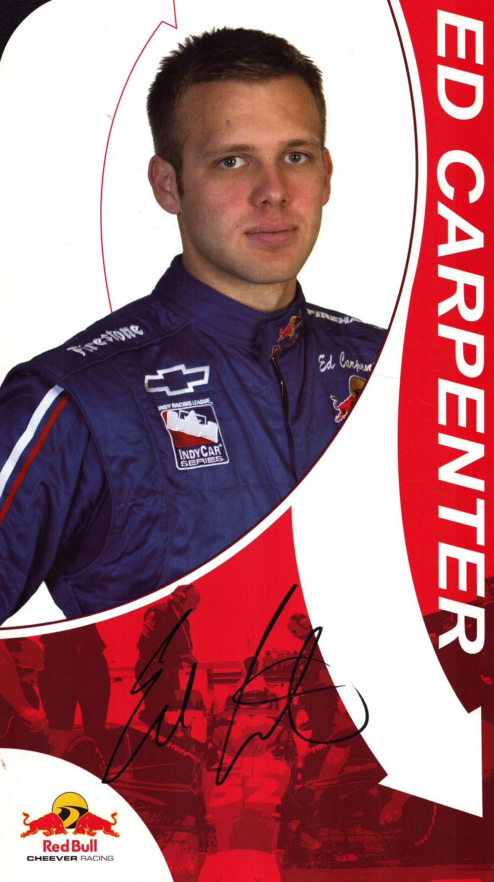 Lot 519: Ed Carpenter signed Red Bull racing 9x7nch colour...
