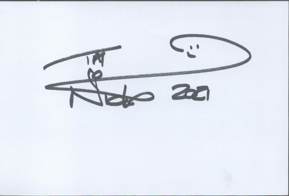 Lot 77: Nicko McBrain white card (measuring 6"x4") nicely signed...