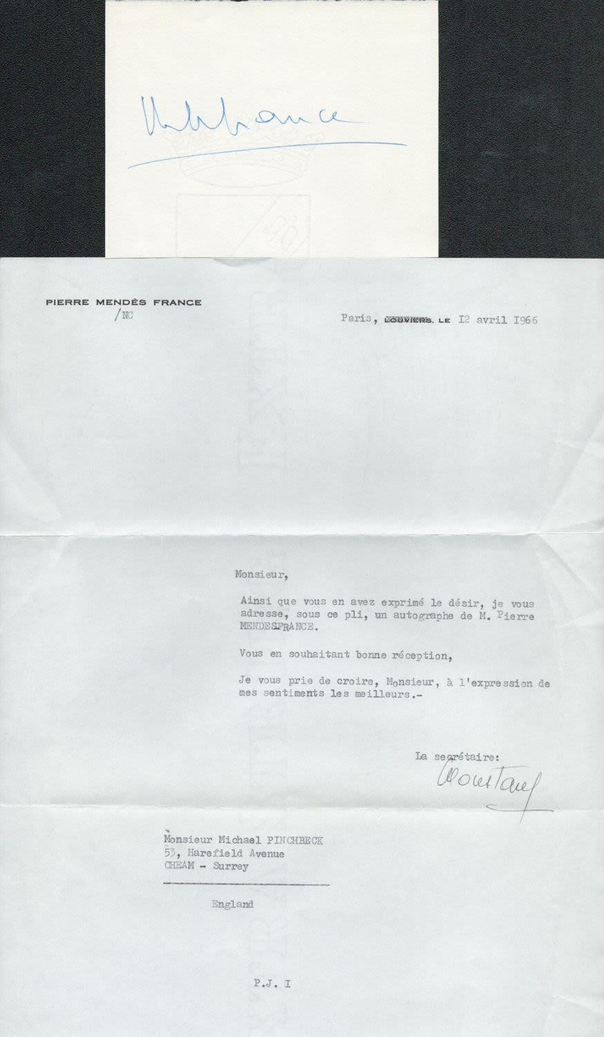 Lot 155: French Politician Pierre Mendes France Signed 4x3 approx...