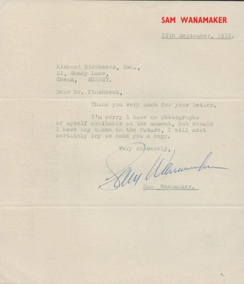Lot 160: American Actor Sam Wanamaker CBE Signed TLS Dated...