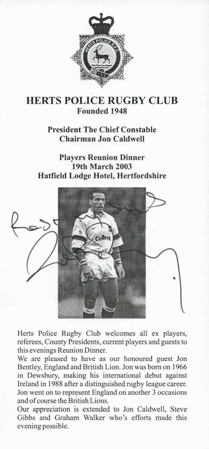 Lot 232: England Rugby Player John Bentley Signed Herts Police...