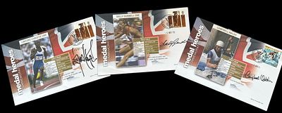 3 Signed FDC Medal Heroes Collection, Linford Christie OBE, Sally Gunnell OBE, Campbell Wash.