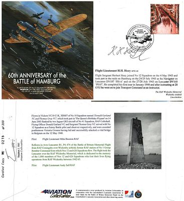 Flt Lt HH Hoey DFM Signed 60th Anniversary of the Battle of Hamburg FDC. British stamp with 25