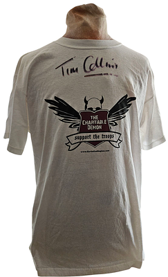 Tim Cellini signed The Charitable Deamon Support the Troops white T-Shirt. Good condition. All