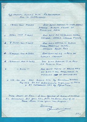 Military Correspondence. Handwritten Pilot factual claims 32 Squadron all in Hurricanes during