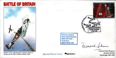 Group Captain Desmond Sheen DC of 72 Squadron signed FDC, postmark 1992. Good condition. All