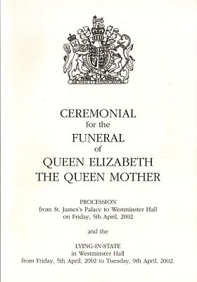 Queen Elizabeth Queen Mother Ceremonial Funeral from ST. James`s Place to Westminster Hall 5th
