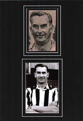 Jackie Milburn signed caricature. Mounted and framed with black and white photo, measures 14x10
