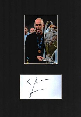 Pep Guardiola signature piece. Mounted and framed with colour photo. Measures 14x10 inch.. Good