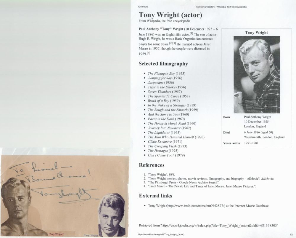 Lot 360: Tony Wright signed 6x4 Album Page. On reverse...