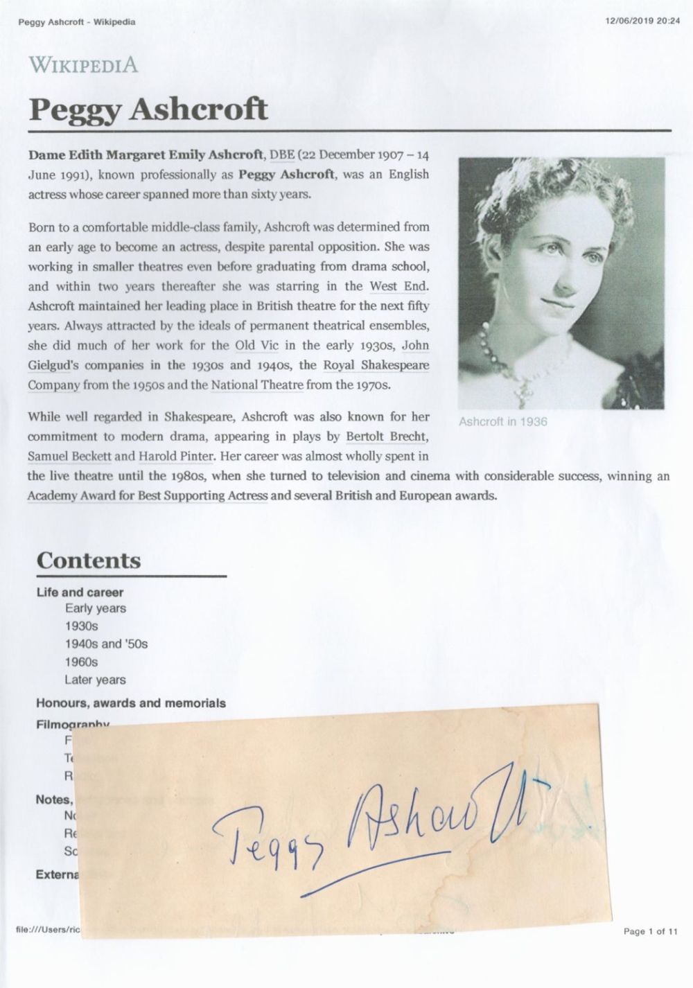 Lot 362: Peggy Ashcroft Signed 6x3 Album Page. Ashcroft DBE...