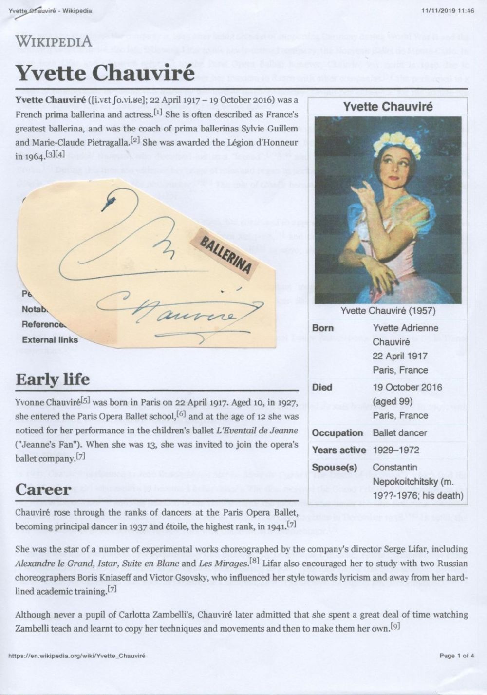 Lot 373: Actor and Dancer, Yvette Chauviré vintage signature piece...