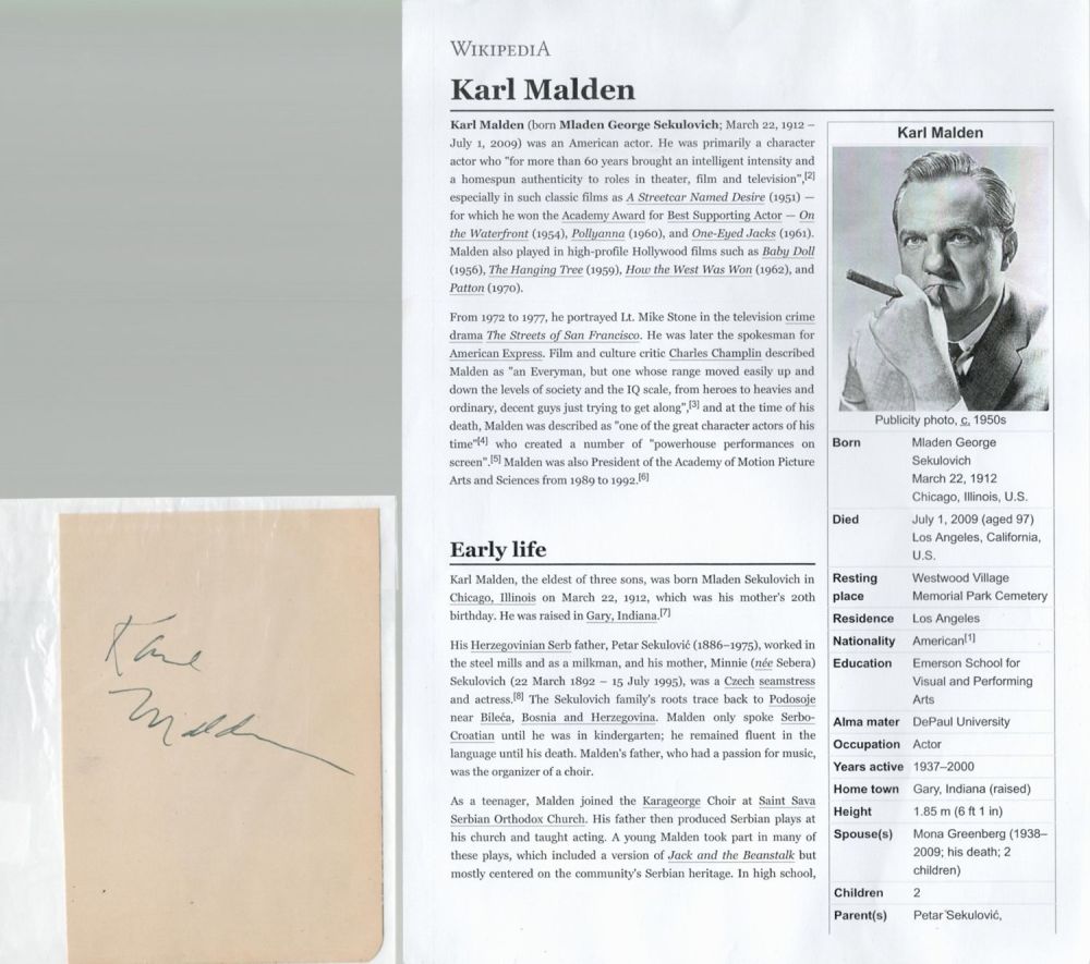 Lot 395: Karl Malden signed 5x4 album page. Karl Malden...