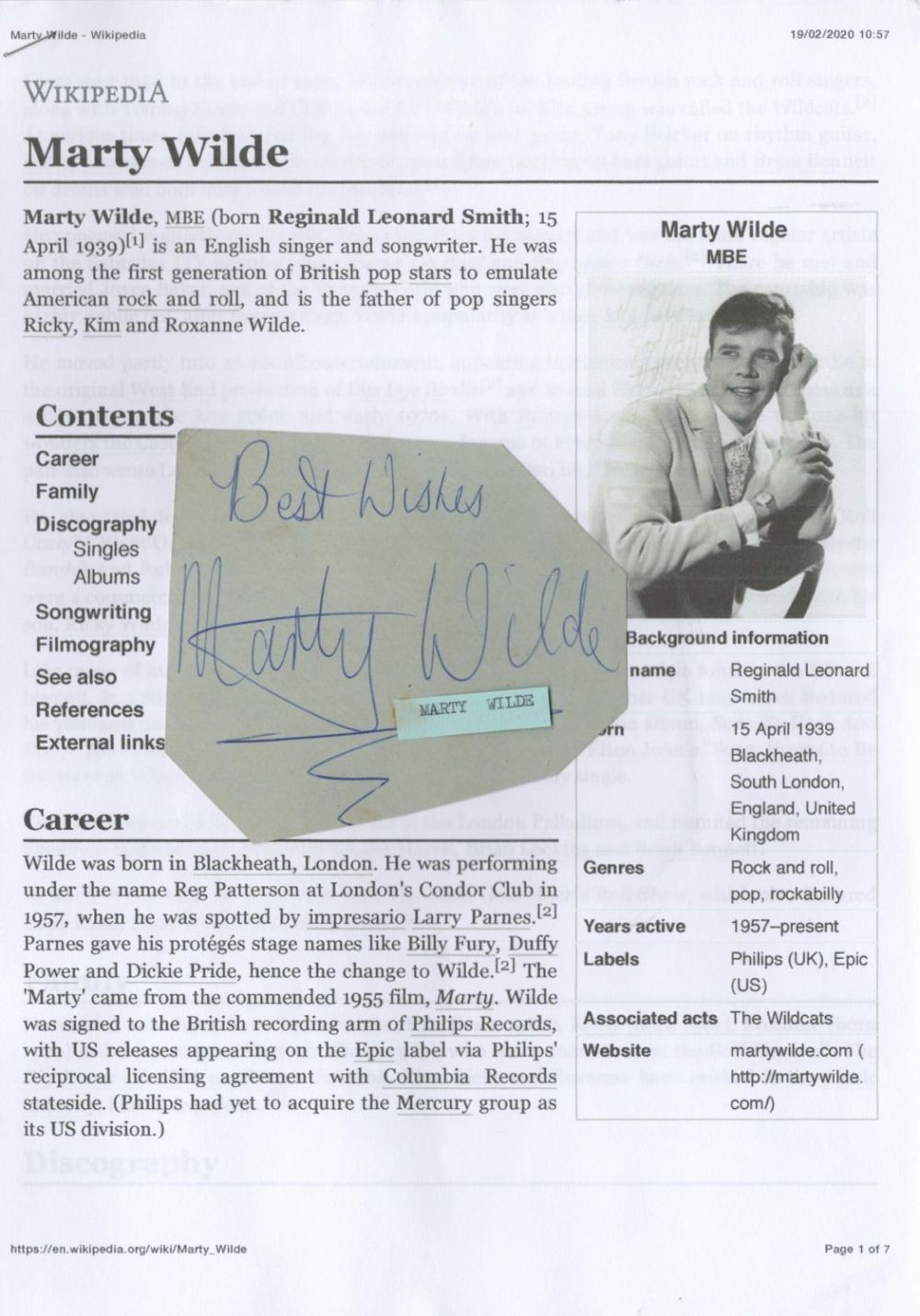 Lot 402: Marty Wilde signed 4x4 irregular album page. Marty...