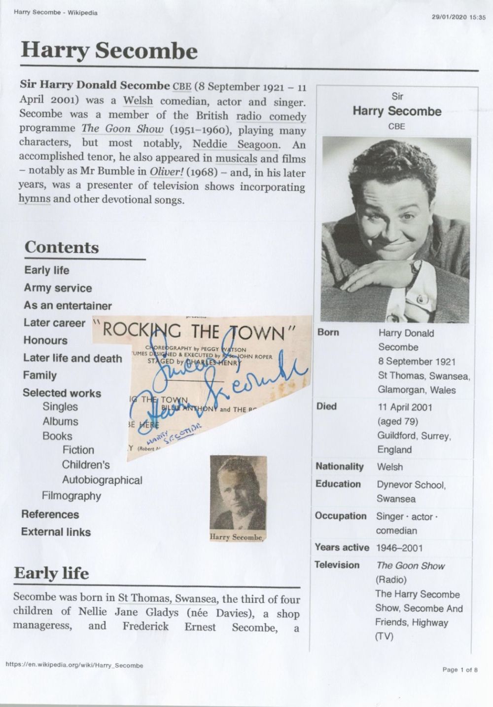 Lot 406: Sir Harry Secombe signed 4x3 irregular page cutting....