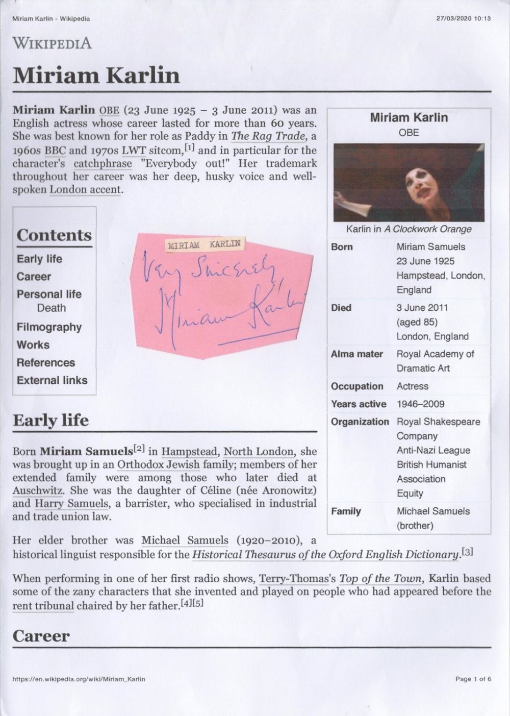 Lot 407: Miriam Karlin signed 3x2 irregular album page cutting....