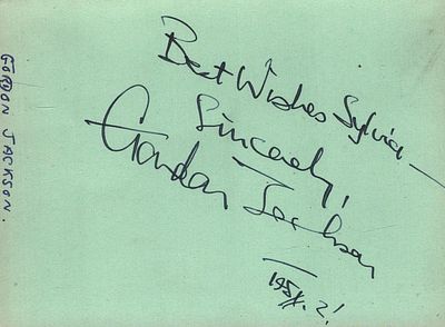 Gordon Jackson signed signature piece. Good condition. All autographs come with a Certificate