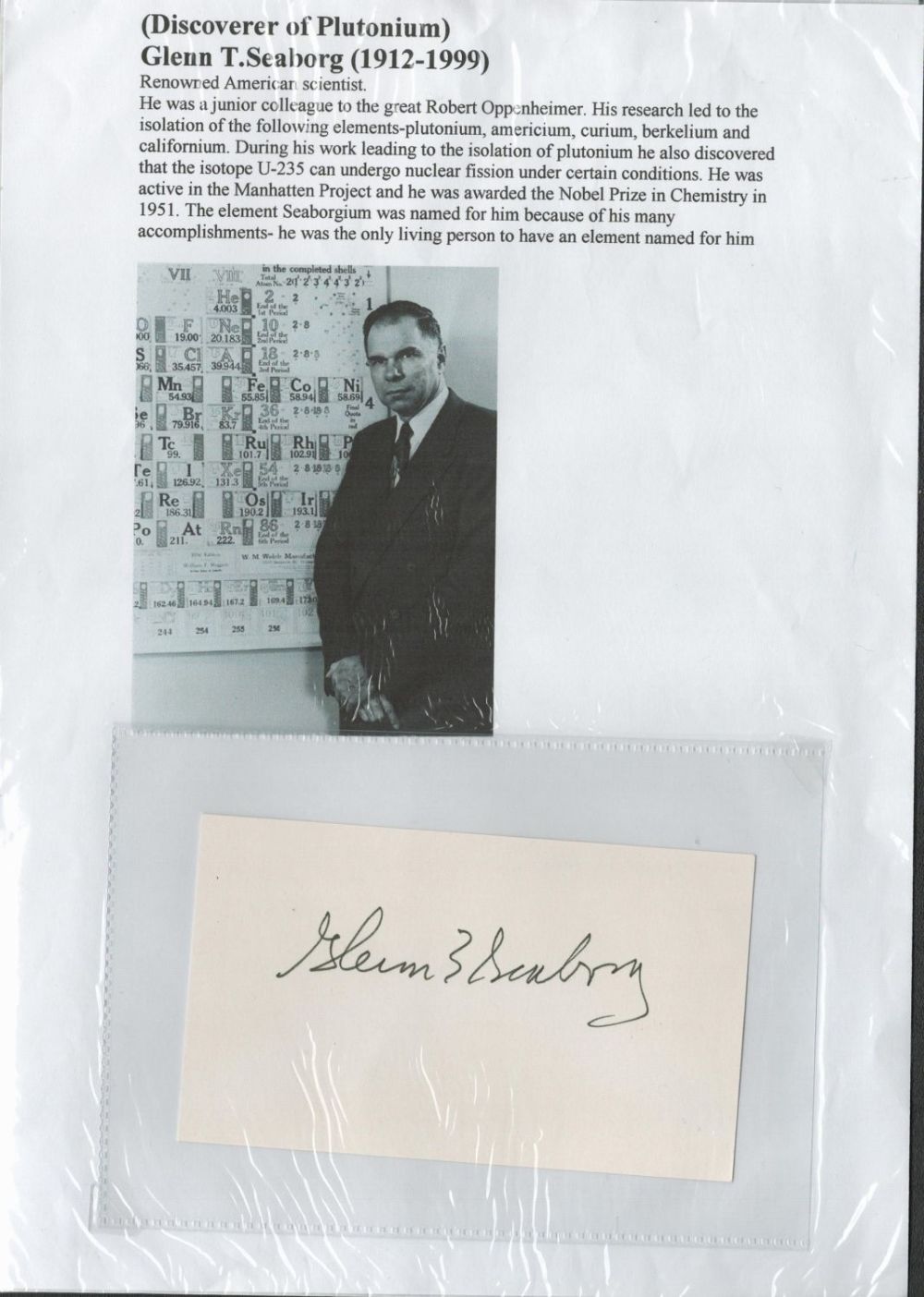 Lot 414: Glen T Seaborg signed 5x3 album page. Glenn...