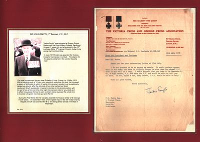 Sir John Smith 1st Baronet V.C , MC TLS dated 16th July 1970 on Victoria Cross and George Cross