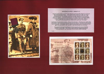 Victoria Cross Sergeant Alfred J. Knight V.C postcard and miniature stamp sheet display .
