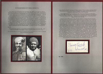 Victoria Cross Havildar Sergeant Umrao Singh VC mounted signature display includes signed white