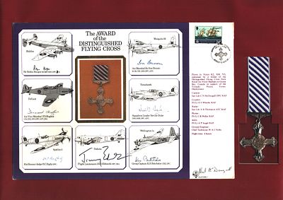 The Award of the Distinguished Flying Cross mounted display includes replica DFC medal and