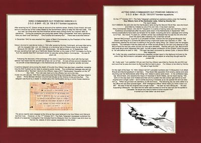 W.C Guy Penrose Gibson V.C mounted display featuring to sheets regarding the death of Gibson