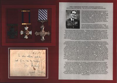 WW II WC Leonard Cheshire VC mounted signature and medals display includes signed vintage page