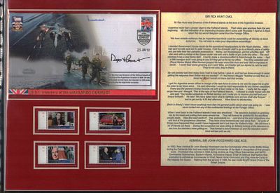 Sir Rex Hunt CMG and Admiral Sir John Woodward GBE KCB signed mounted 25th Anniversary of the