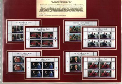 Sir Rex Hunt CMG, 29th June 1926-11th November 2012 mounted stamp sheet display includes 32