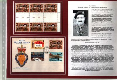 Major Robert Henry Cain VC mounted Isle of Man FDC and stamp sheet display includes stamp sheet