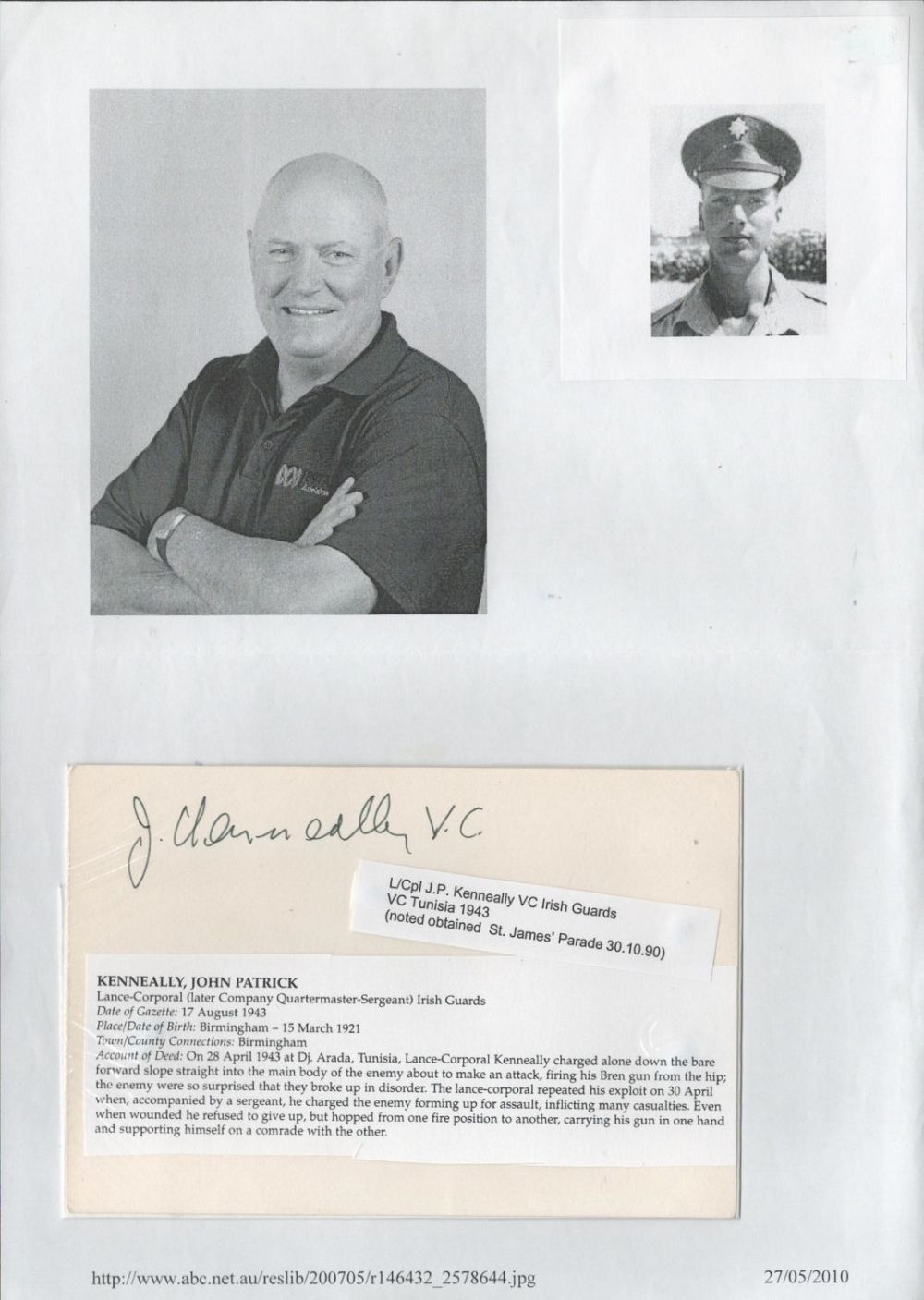 Lot 436: John Kenneally VC signed 6x4 white card. John...