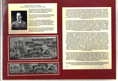 Captain Albert Jacka VC mounted stamp sheet display includes Gallipoli 1915, 1914-1918 Century