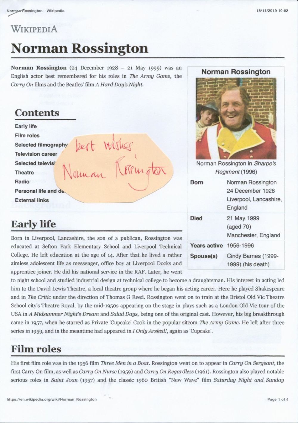 Lot 439: English Actor Norman Rossington Signed Signature Piece. Signed...