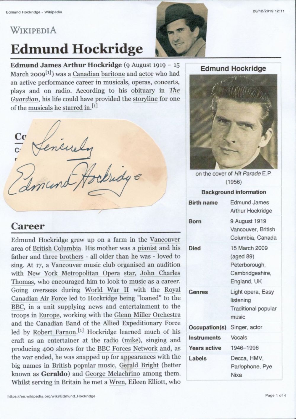 Lot 440: Canadian Baritone and Actor Edmund Hockridge Signed Signature...