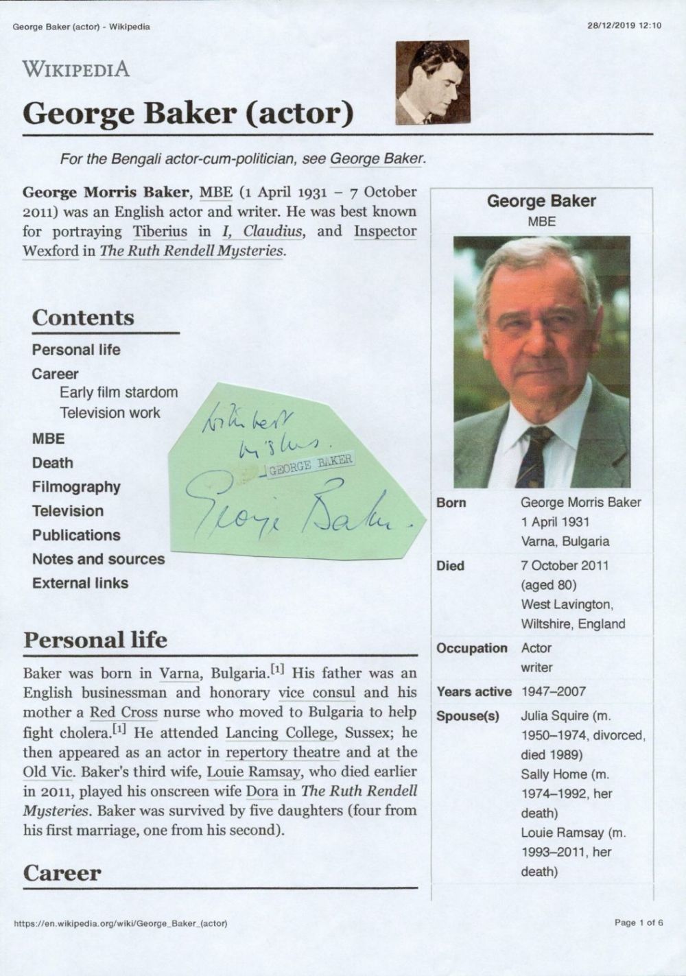 Lot 441: English Actor George Baker BME Signed Signature Piece...