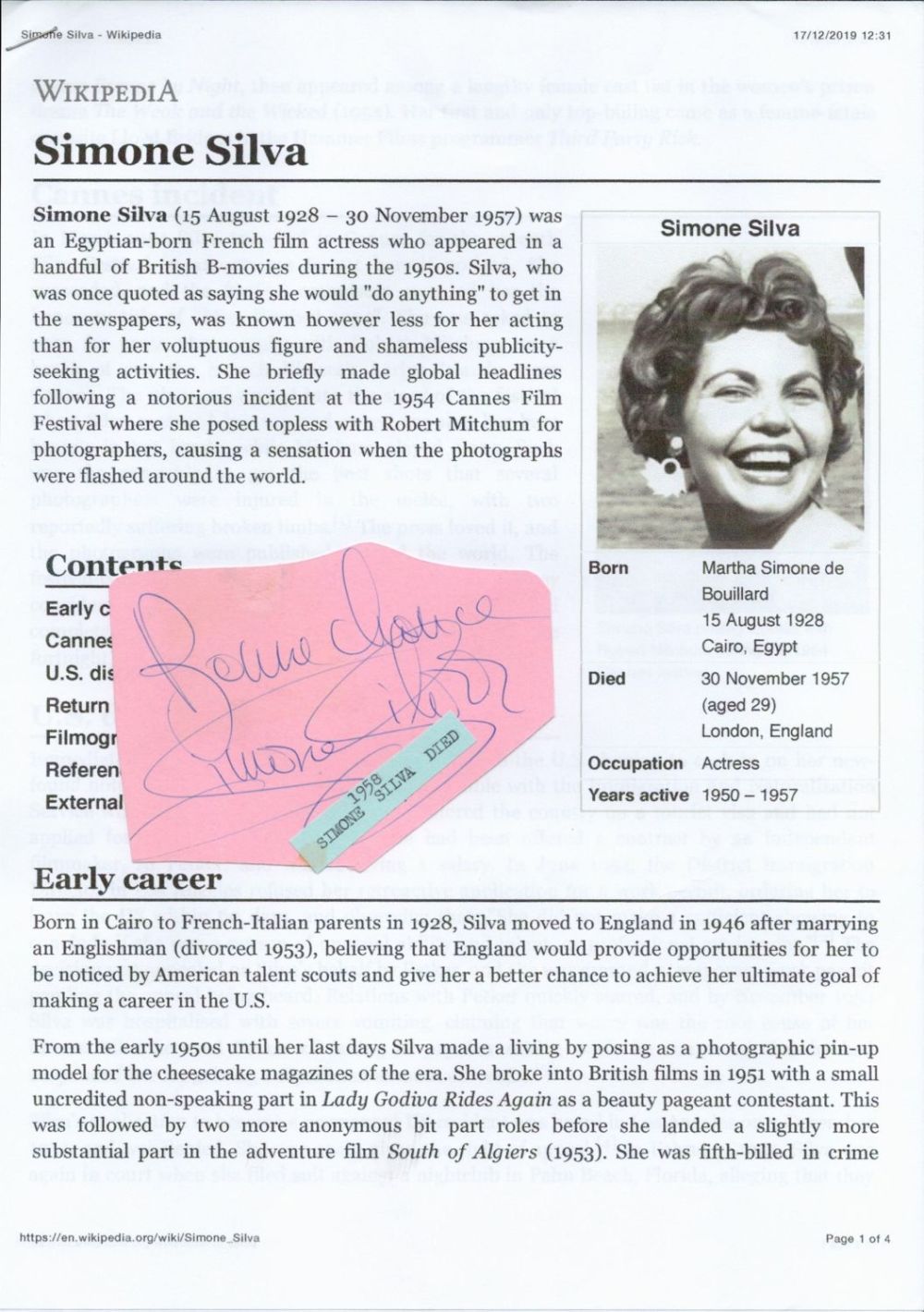 Lot 442: French Film Actress Simone Silva Signed Pink Signature...