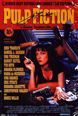 John Travolta, a signed 12x8 photo of the film poster Pulp Fiction, in which Travolta plays as