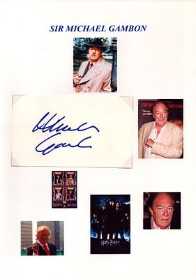 MICHAEL GAMBON (1040-2023) Harry Potter Actor signed card with photos Good condition. All