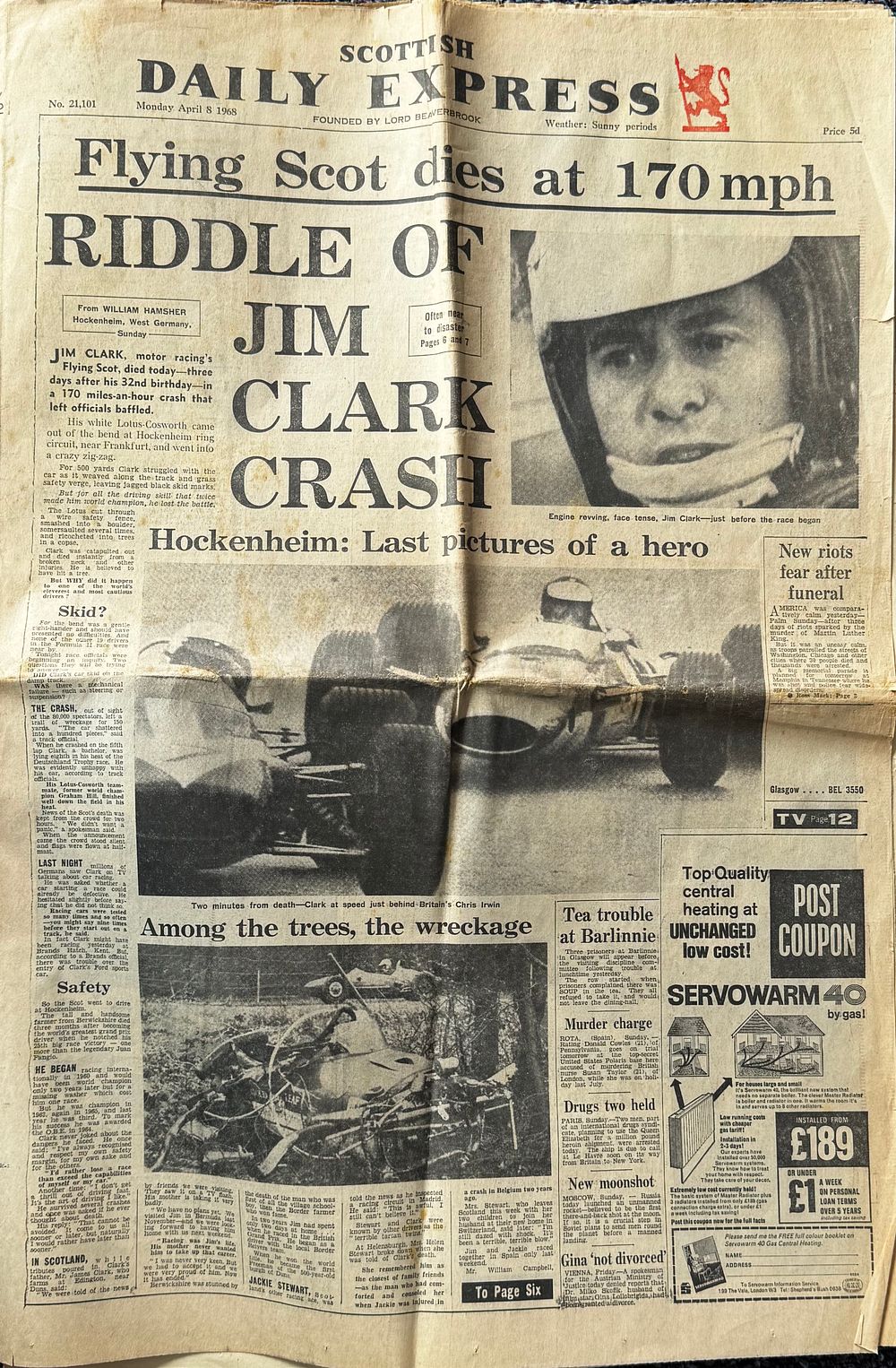Lot 155: Formula One Vintage Scottish Daily Express dated Monday...