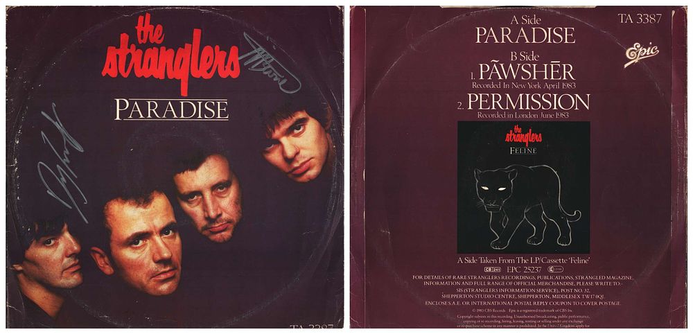 Lot 203: The Stranglers Paradise record sleeve signed by 2....