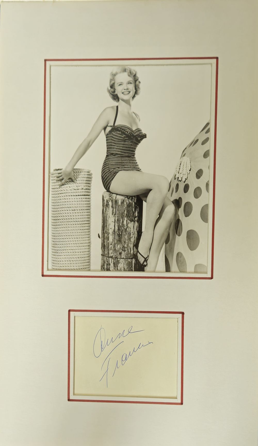 Lot 249: Anne Francis signature piece mounted below black and...