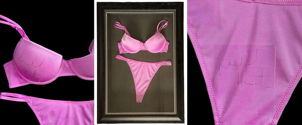Lot 334: Rachel Hunter signed pink lingerie underwear Boxed Framed...