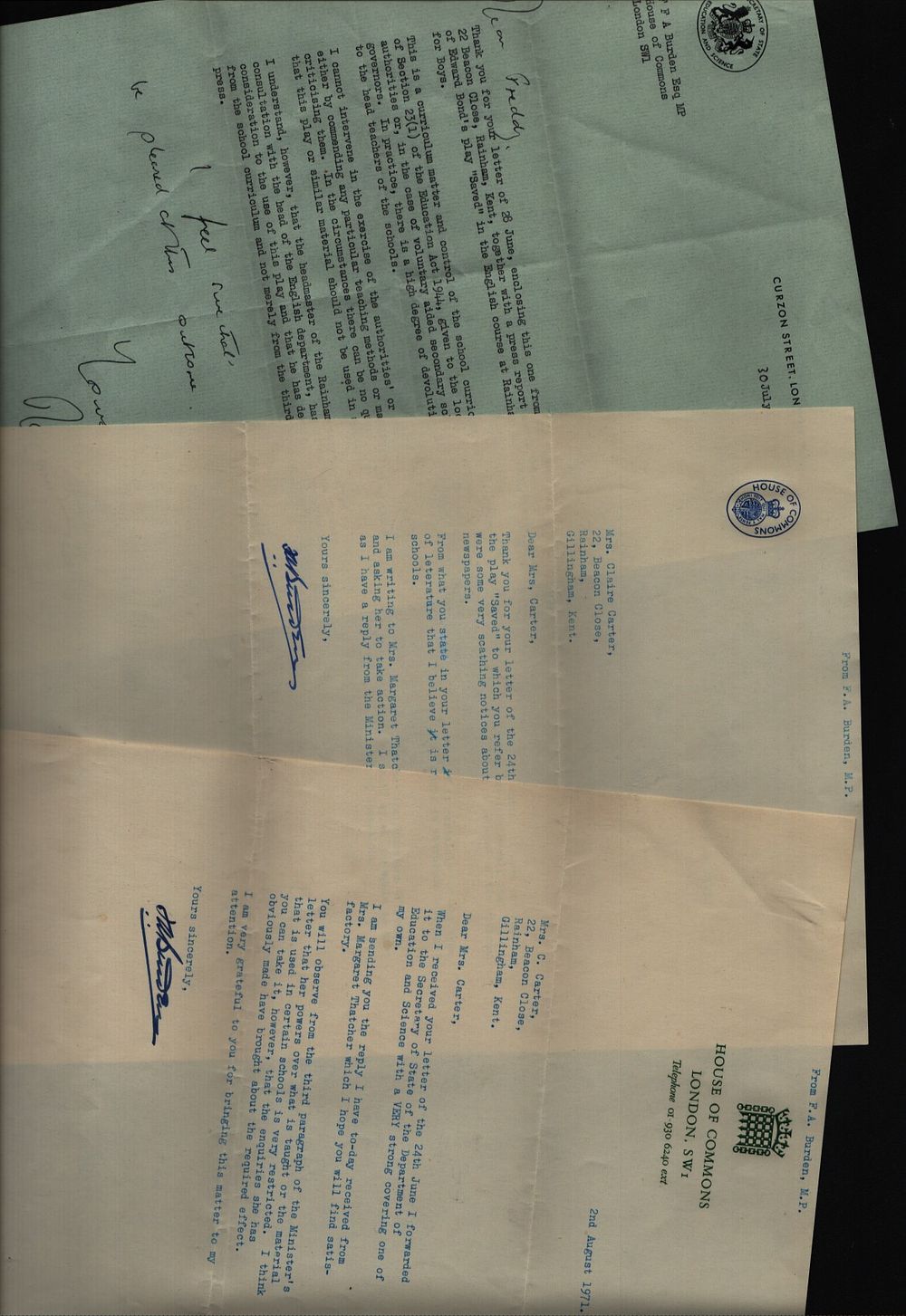 Lot 336: Margaret Thatcher TLS dated 30/7/1971 concerning getting a...