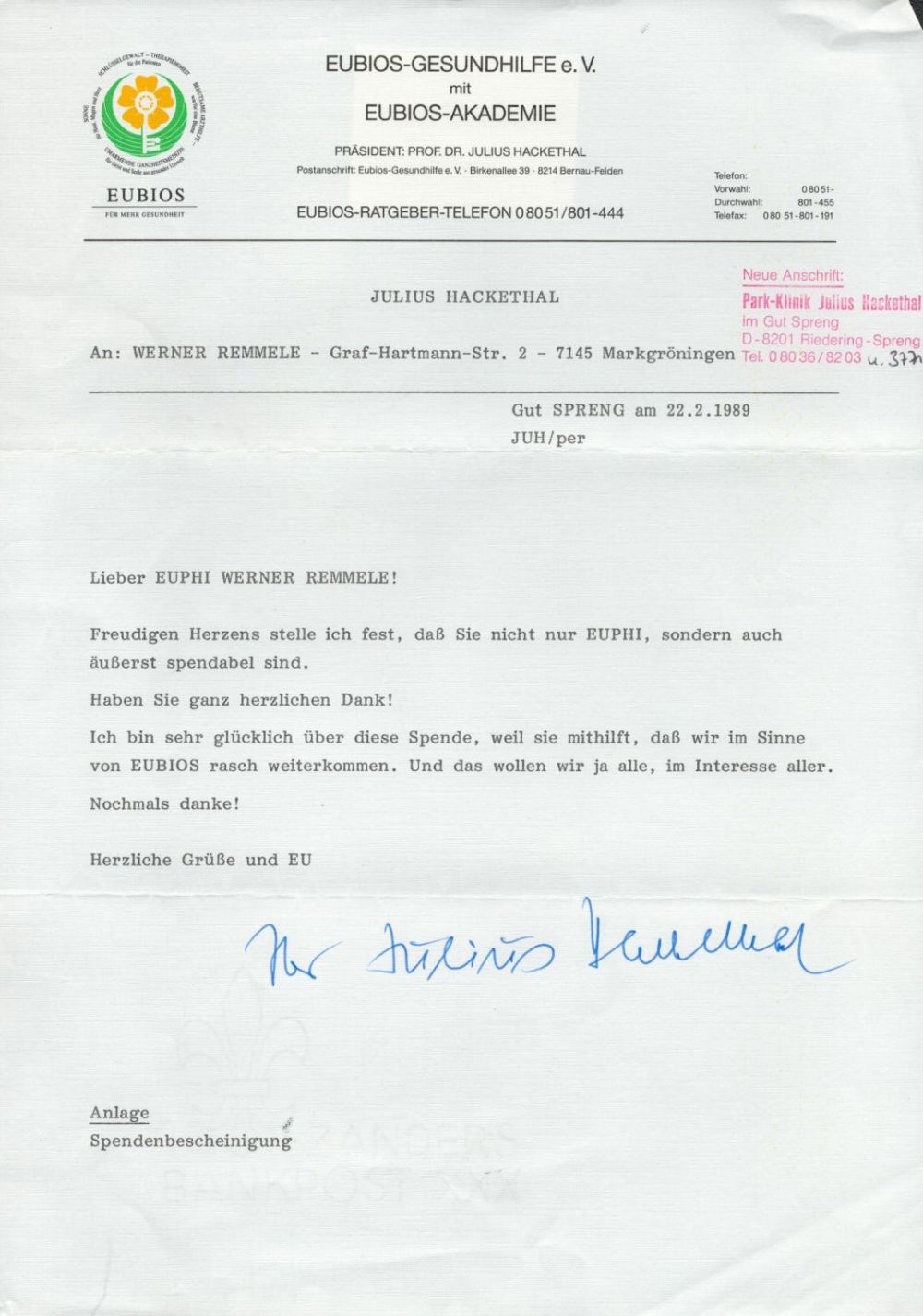 Lot 642: German Surgeon and Whistleblower Julius Hackethal Signed German...