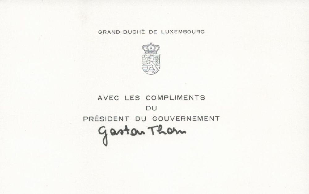 Lot 647: Luxembourg politician Gaston Thorn Signed Luxembourg Parliament Compliments...