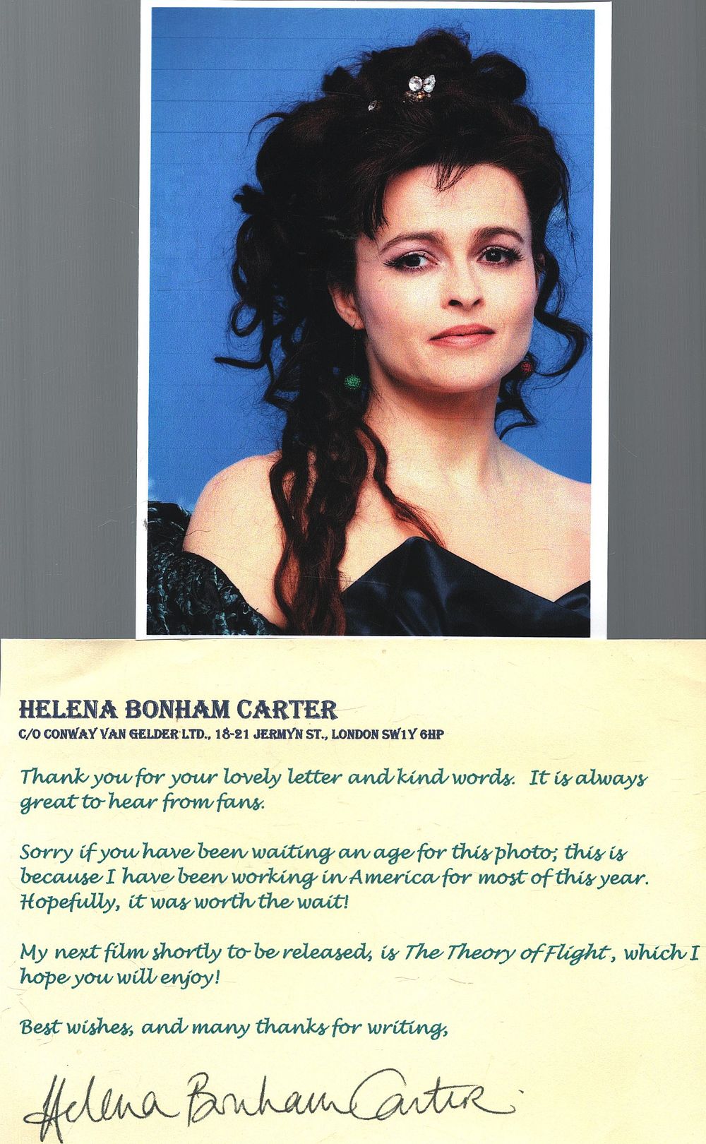 Lot 168: Helena Bonham Carter signed 7x5inch card with accompanying...
