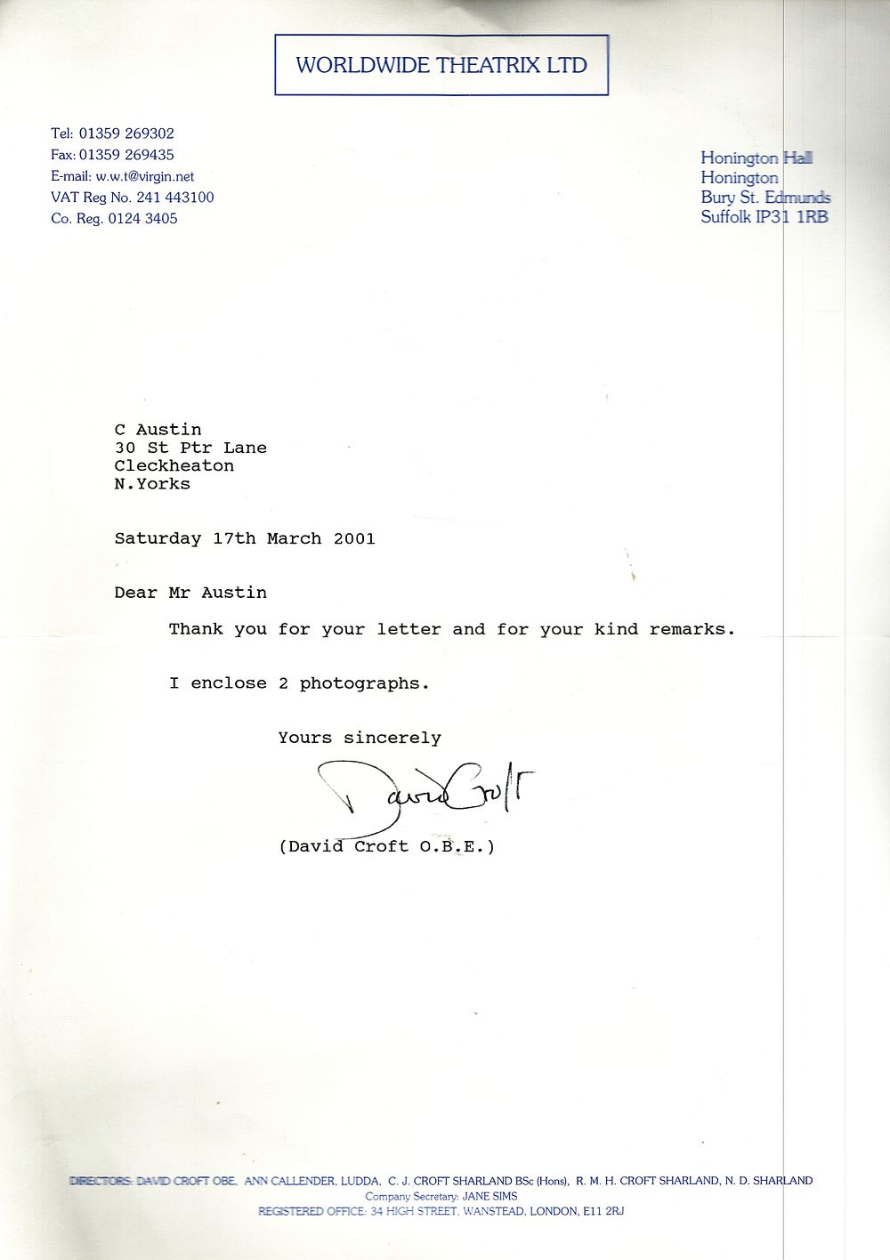 Lot 186: David Croft TLS signed dated 17th March 2001...
